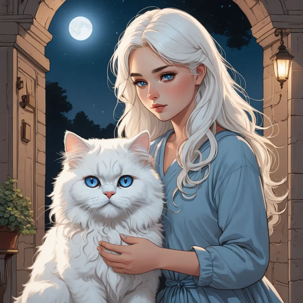 a woman holding a white cat in front of a window at night with a full moon behind her and a full moon behind her, fantasy art, a character portrait, Charlie Bowater, yukito kishiro
