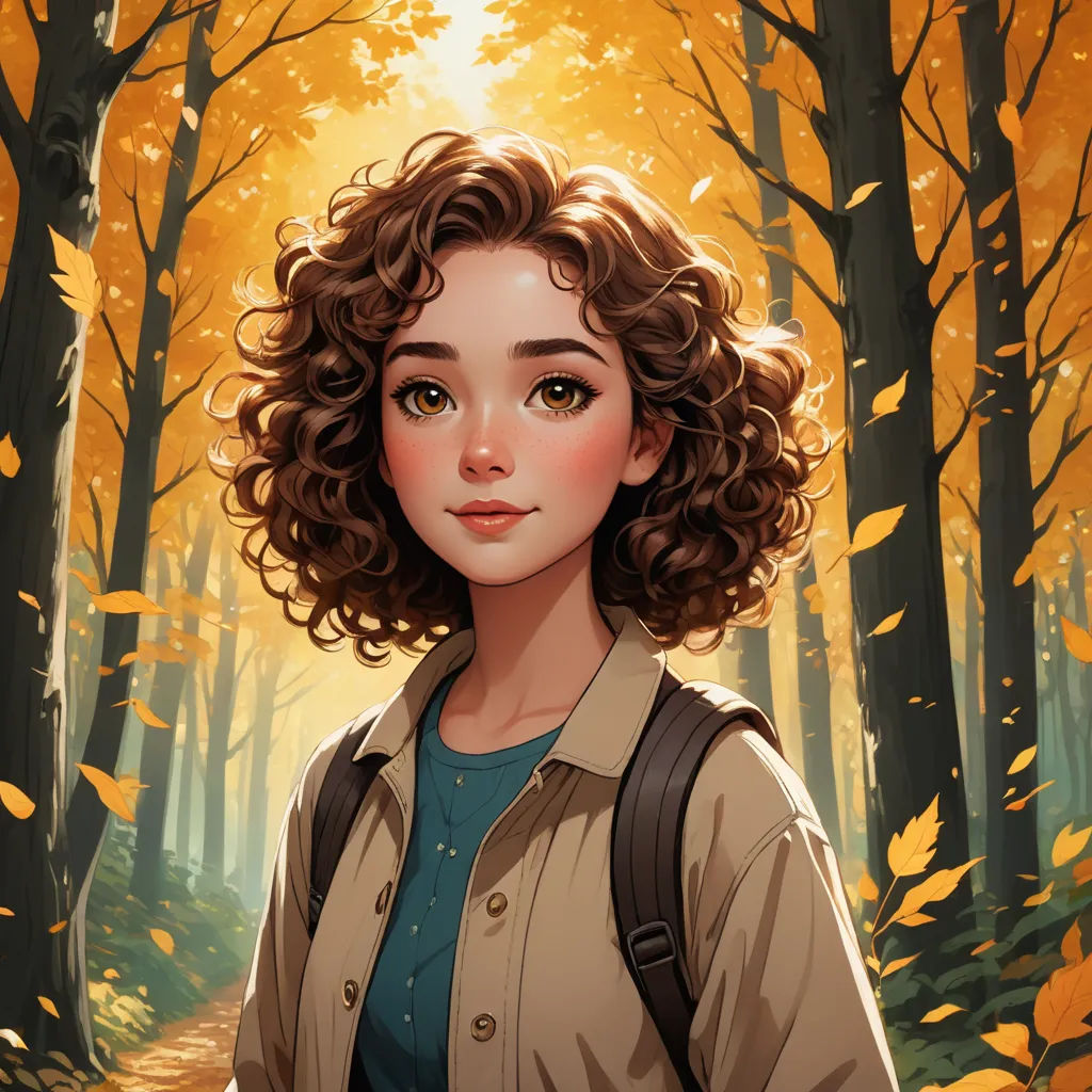a painting of a woman with curly hair in a forest with leaves on the ground and a backpack on her shoulder, fantasy art, a character portrait, Atey Ghailan, autumn