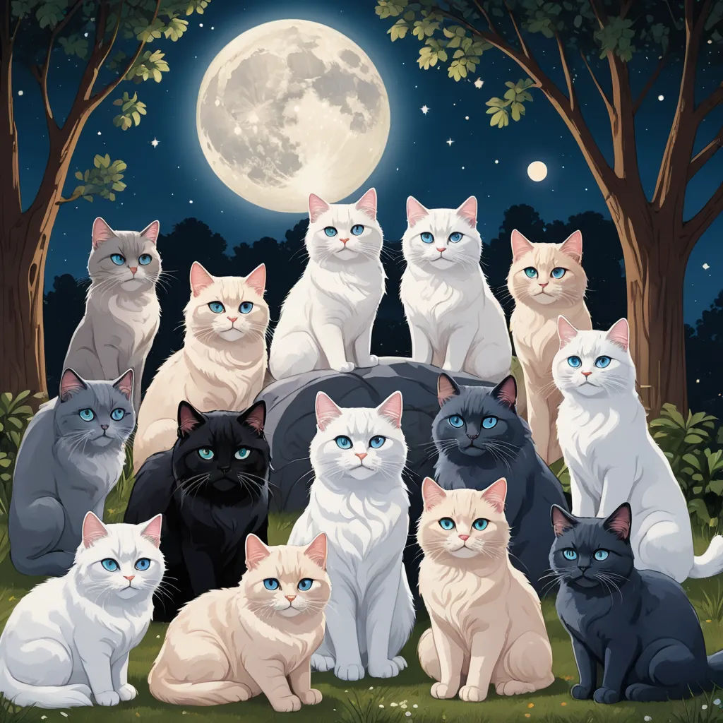 a group of cats sitting in the grass under a full moon with trees and bushes in the background, with a full moon in the background, gothic art, an album cover, Chiho Aoshima, album cover