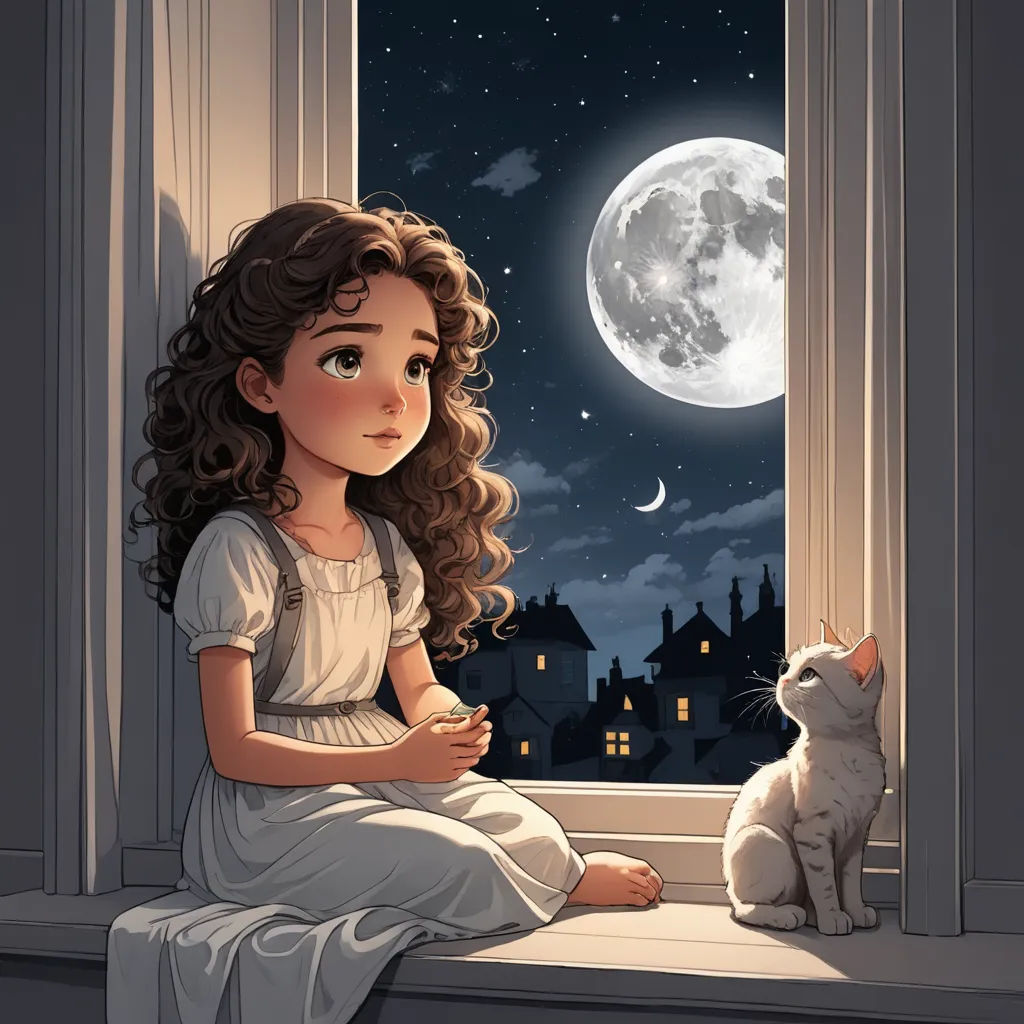 a little girl sitting on a window sill looking out at the moon and a cat sitting on the ledge, gothic art, a storybook illustration, Alice Prin, storybook illustration