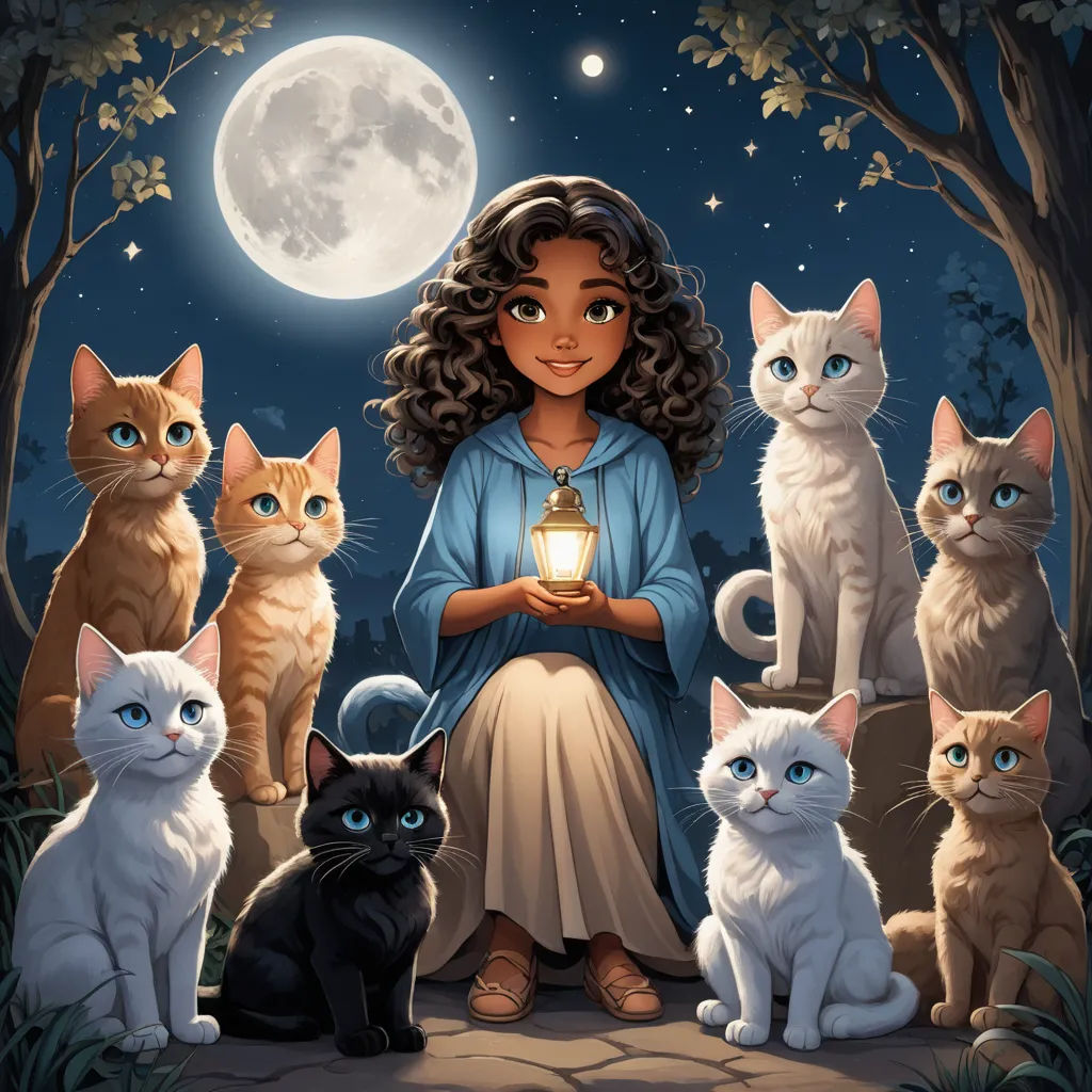 a painting of a woman surrounded by cats holding a lantern in front of a full moon sky with a full moon behind her, magical realism, a storybook illustration, Drew Struzan, key art