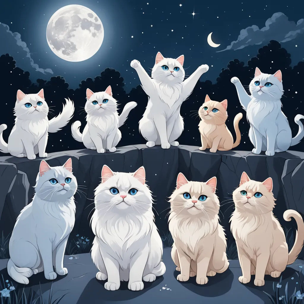 a group of cats sitting on a rock in front of a full moon and stars sky with a full moon behind them, furry art, an album cover, Carlos Catasse, detailed illustration