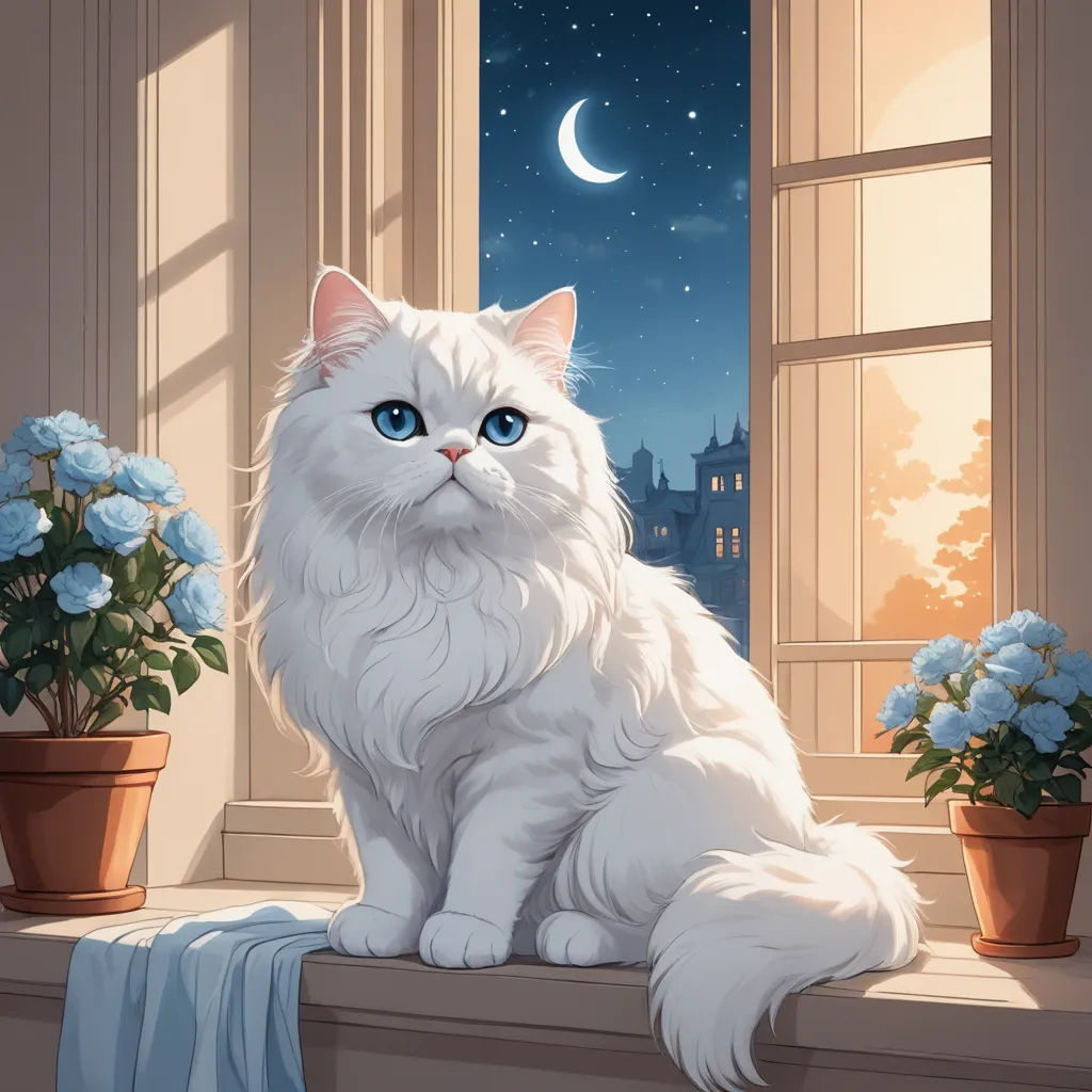 a white cat sitting on a window sill with a night sky and moon in the background and flowers in the foreground, fantasy art, a storybook illustration, Alejandro Burdisio, official art