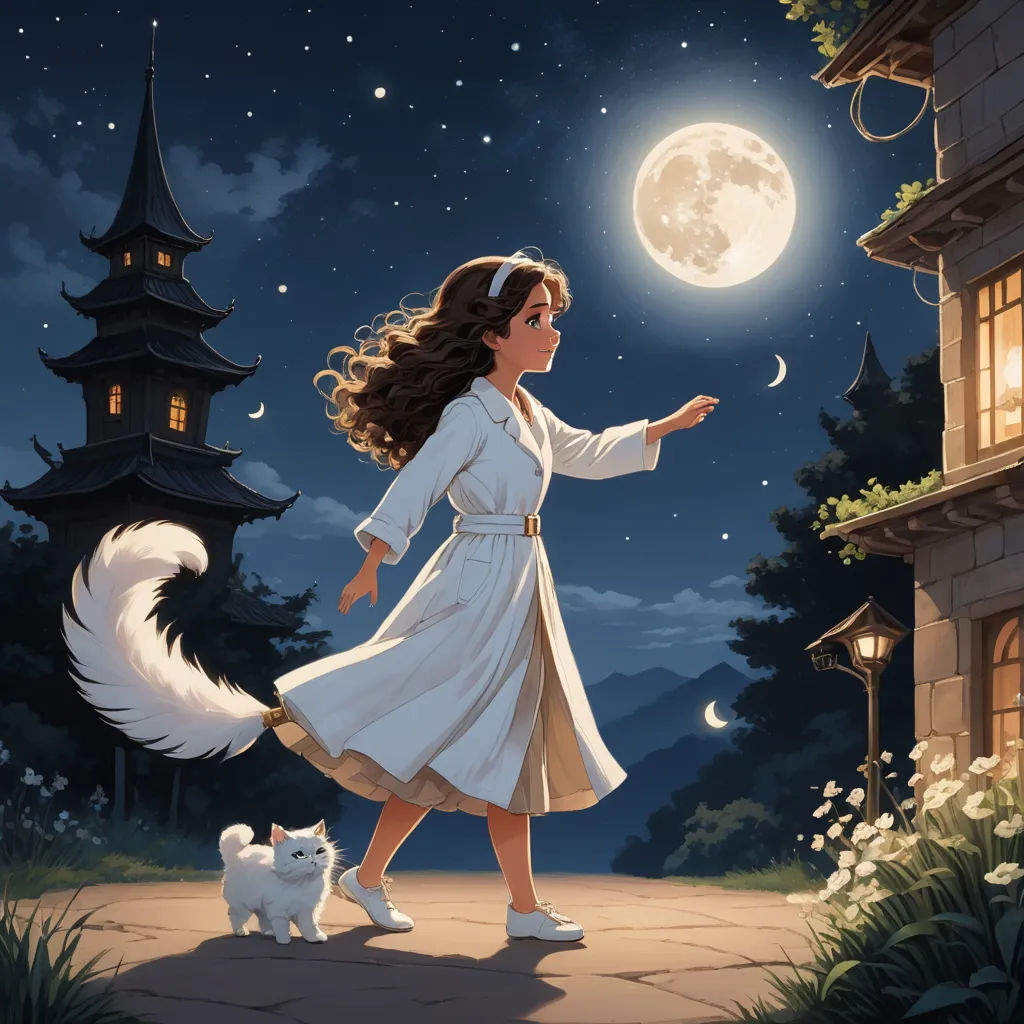 a woman in a white dress walking a white cat in front of a building at night with a full moon, fantasy art, a storybook illustration, Cyril Rolando, storybook illustration