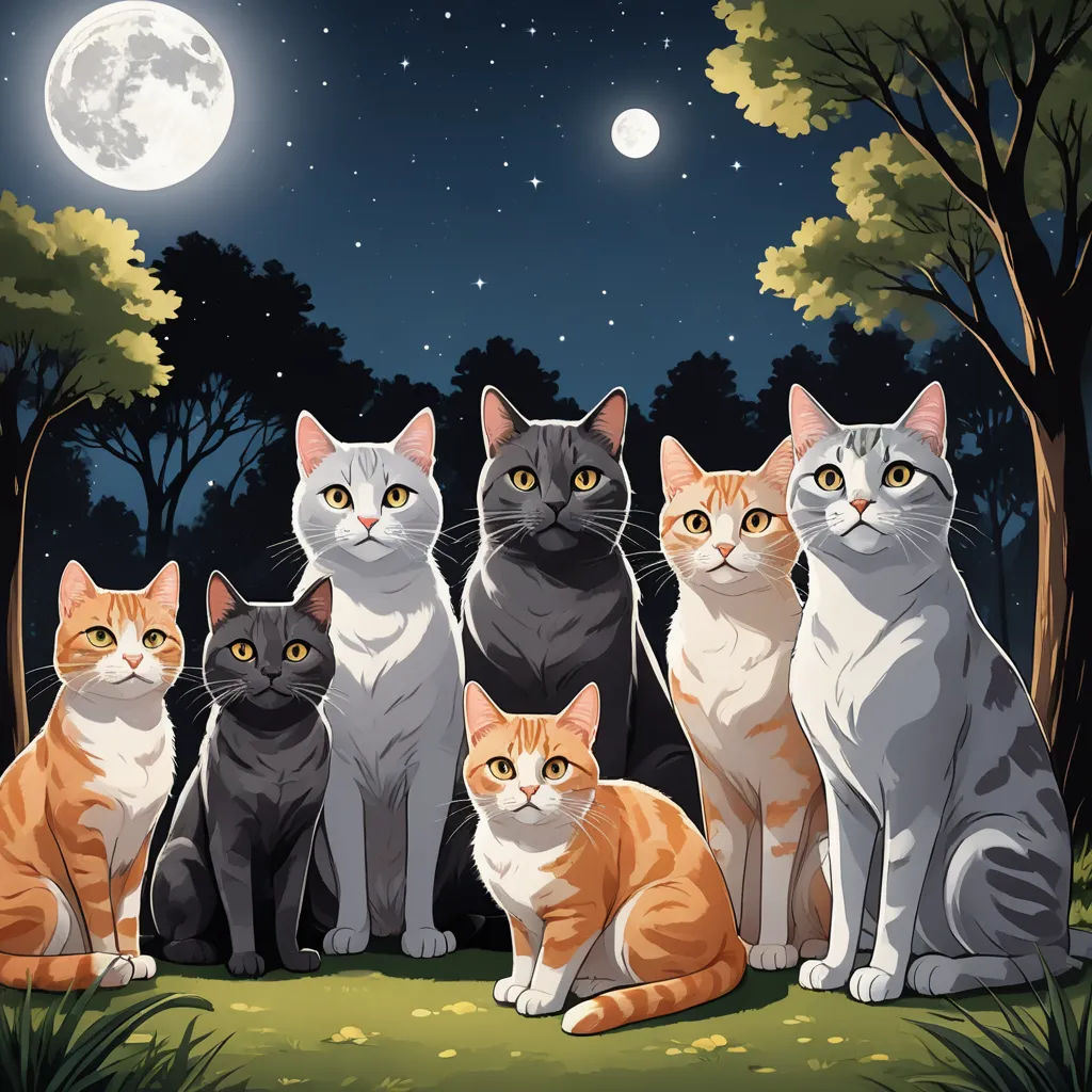 a group of cats sitting in the grass under a full moon and tree with a full moon in the background, furry art, an album cover, Carlos Catasse, album cover