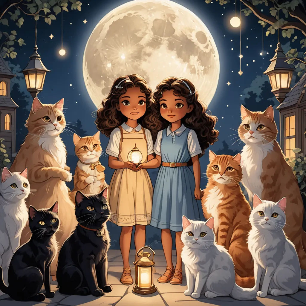 a painting of two girls standing next to a group of cats with a full moon in the background and a lantern in the foreground, serial art, a storybook illustration, Cliff Childs, comic cover art