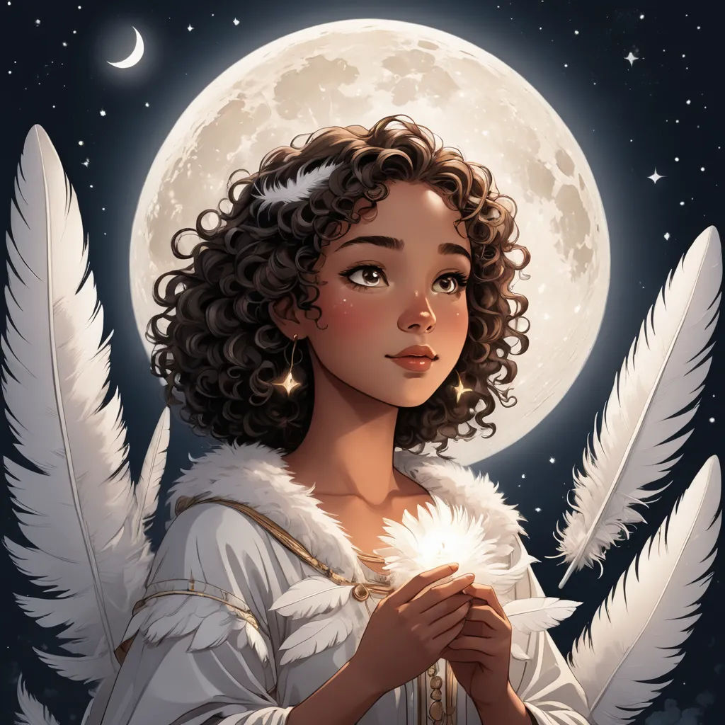 a woman with curly hair and a white dress holding a white feather in front of a full moon with stars, fantasy art, a character portrait, Charlie Bowater, trending on art station
