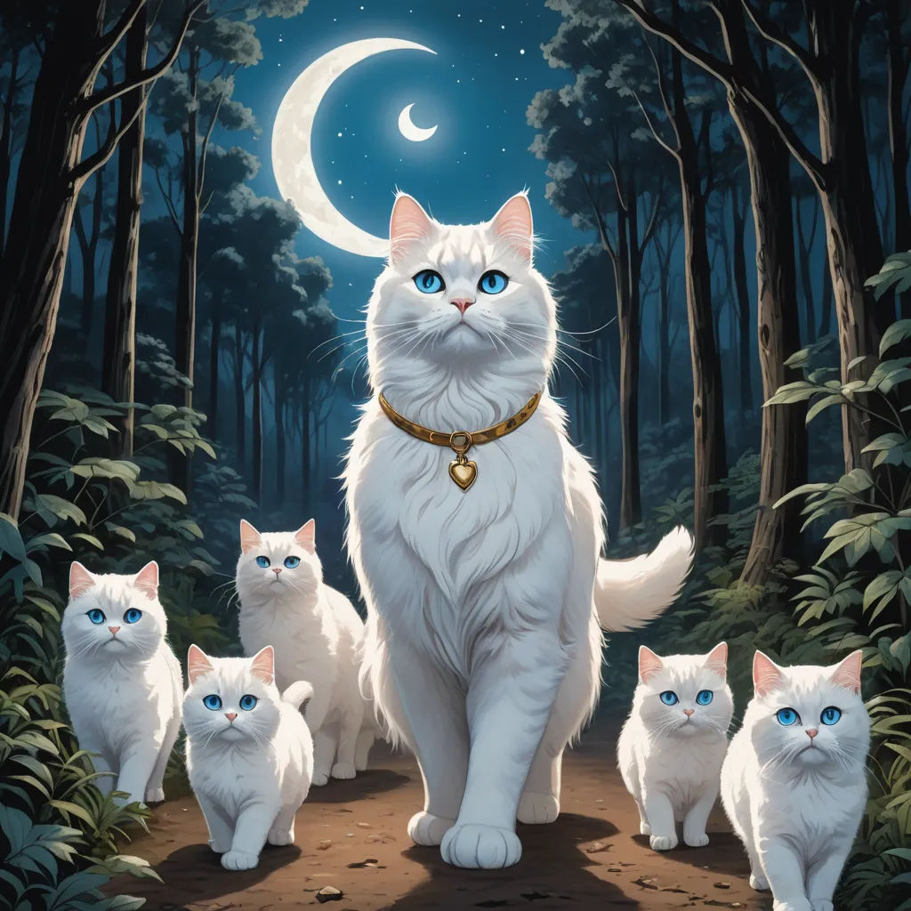 a painting of a white cat with five white cats in a forest with a crescent moon in the background, furry art, an album cover, Chris LaBrooy, official art