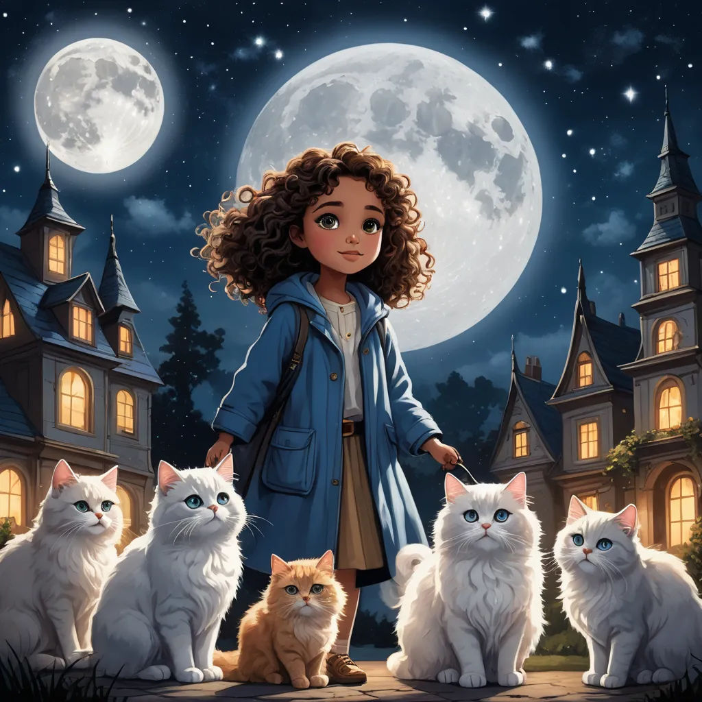 a girl standing in front of a group of cats in front of a full moon with a castle in the background, magical realism, a storybook illustration, Cliff Childs, key art