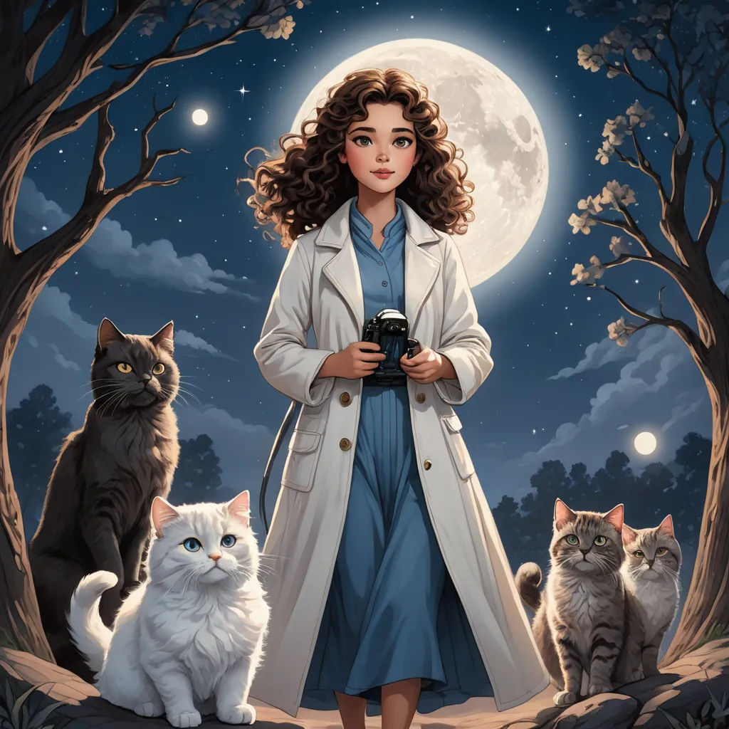 a painting of a woman standing in front of a group of cats with a full moon in the background, serial art, a storybook illustration, Drew Struzan, official art