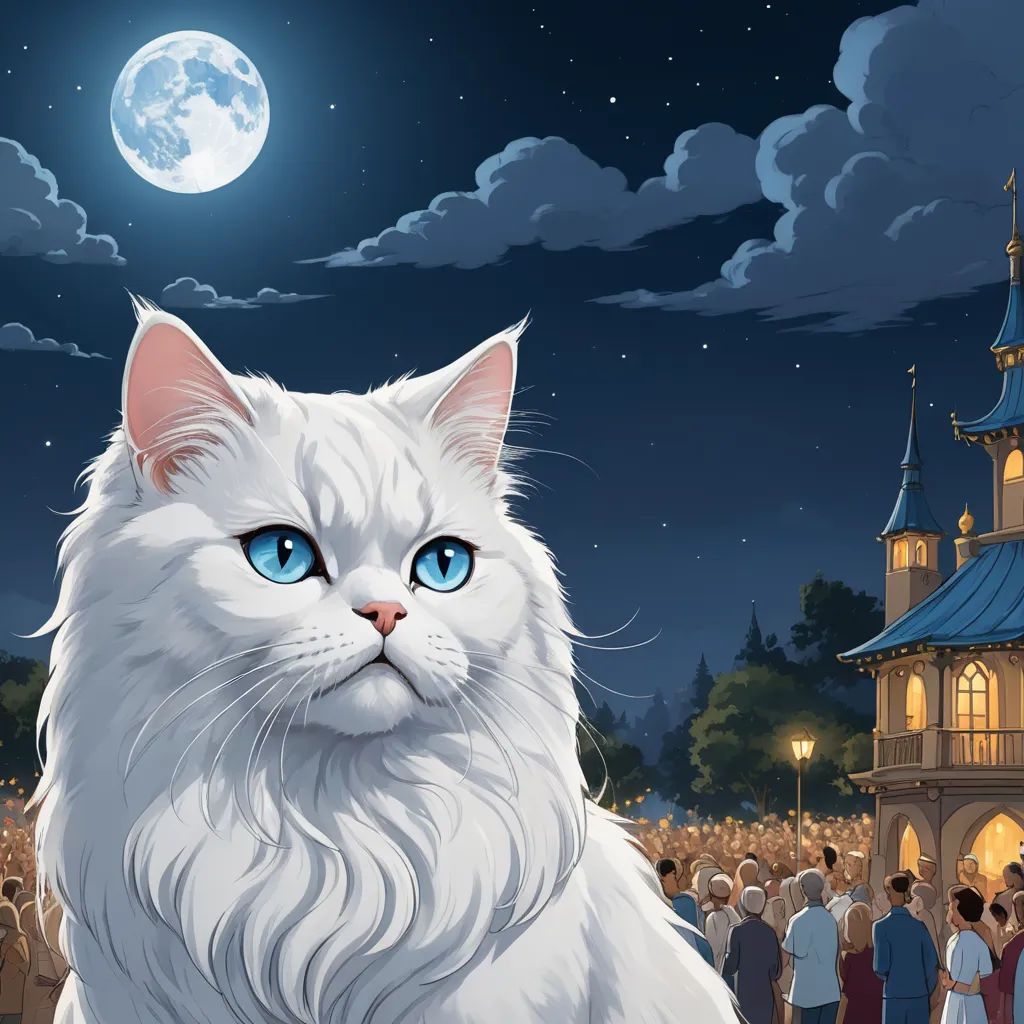 a white cat with blue eyes sitting in front of a crowd of people at night with a full moon, furry art, a storybook illustration, Chris LaBrooy, promotional image