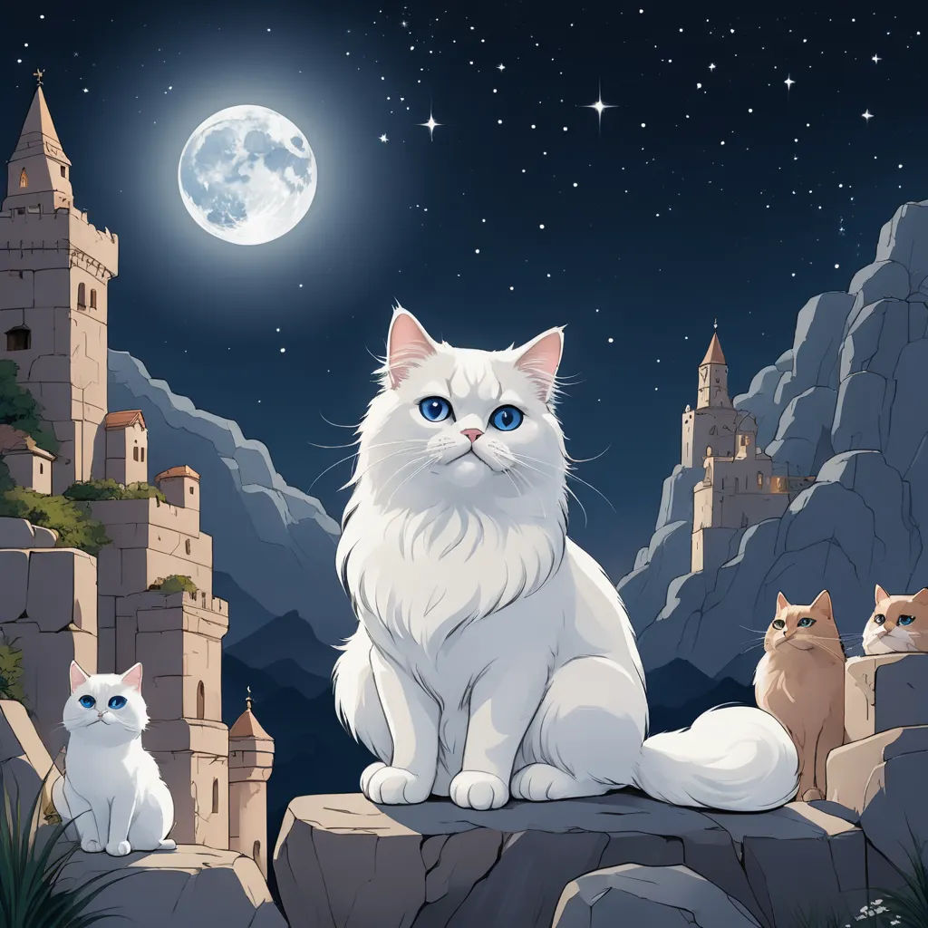 a white cat sitting on a rock with two other cats in front of a castle at night with a full moon, fantasy art, a storybook illustration, Anne Stokes, fantasy artwork