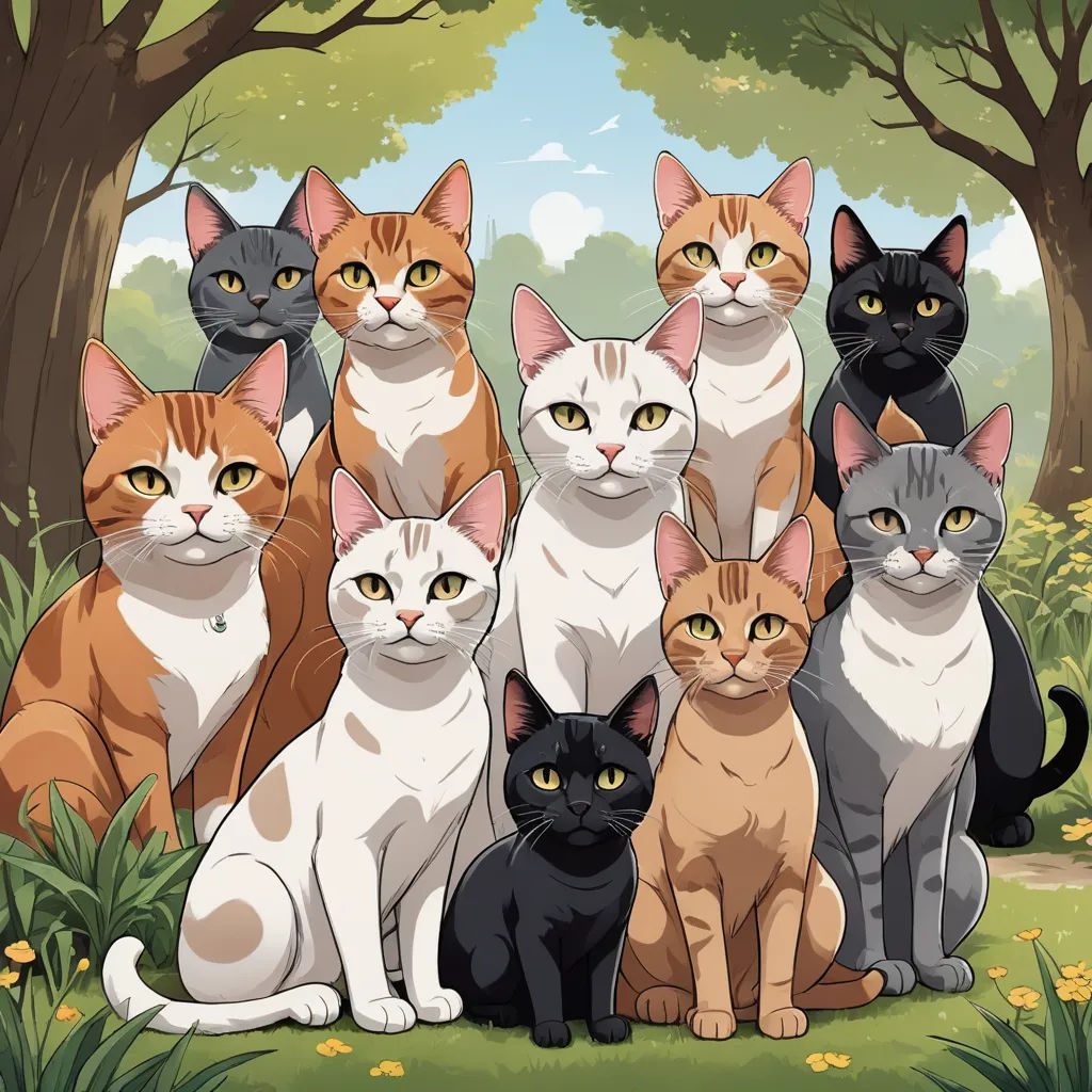 a group of cats sitting in a forest with trees and flowers in the background, all looking at the camera, furry art, an album cover, Carlos Catasse, furaffinity
