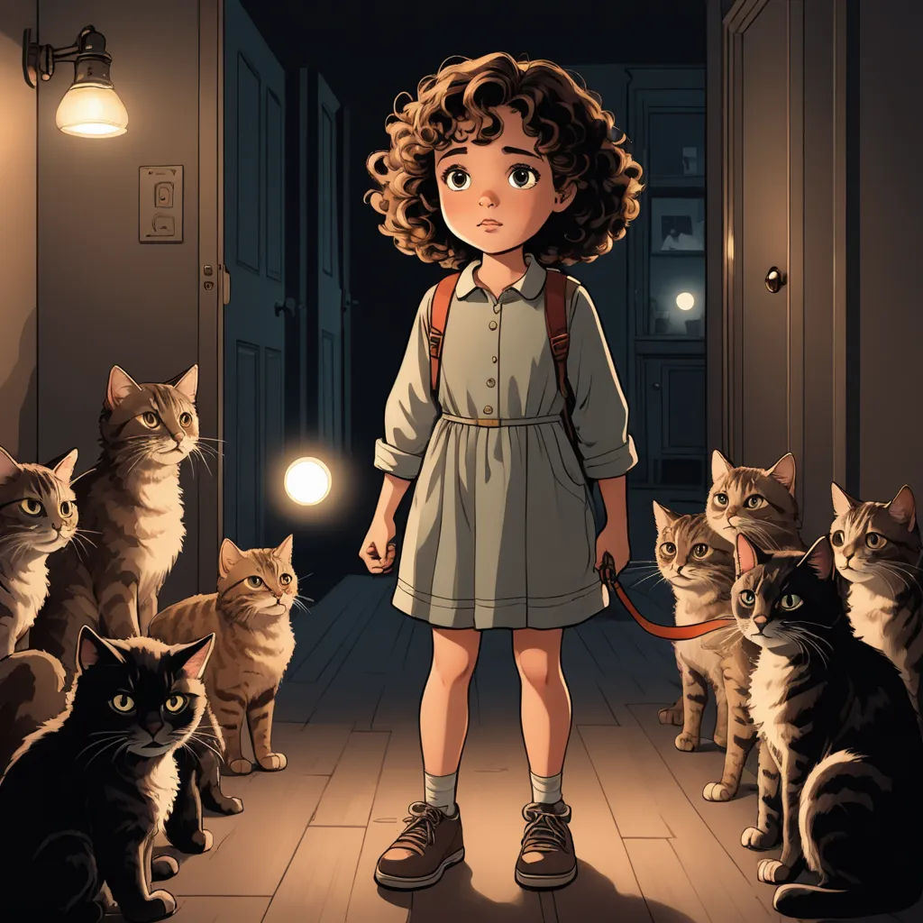 a girl standing in front of a bunch of cats in a hallway with a light on her head and a cat on her leash, serial art, poster art, Diego Gisbert Llorens, comic cover art
