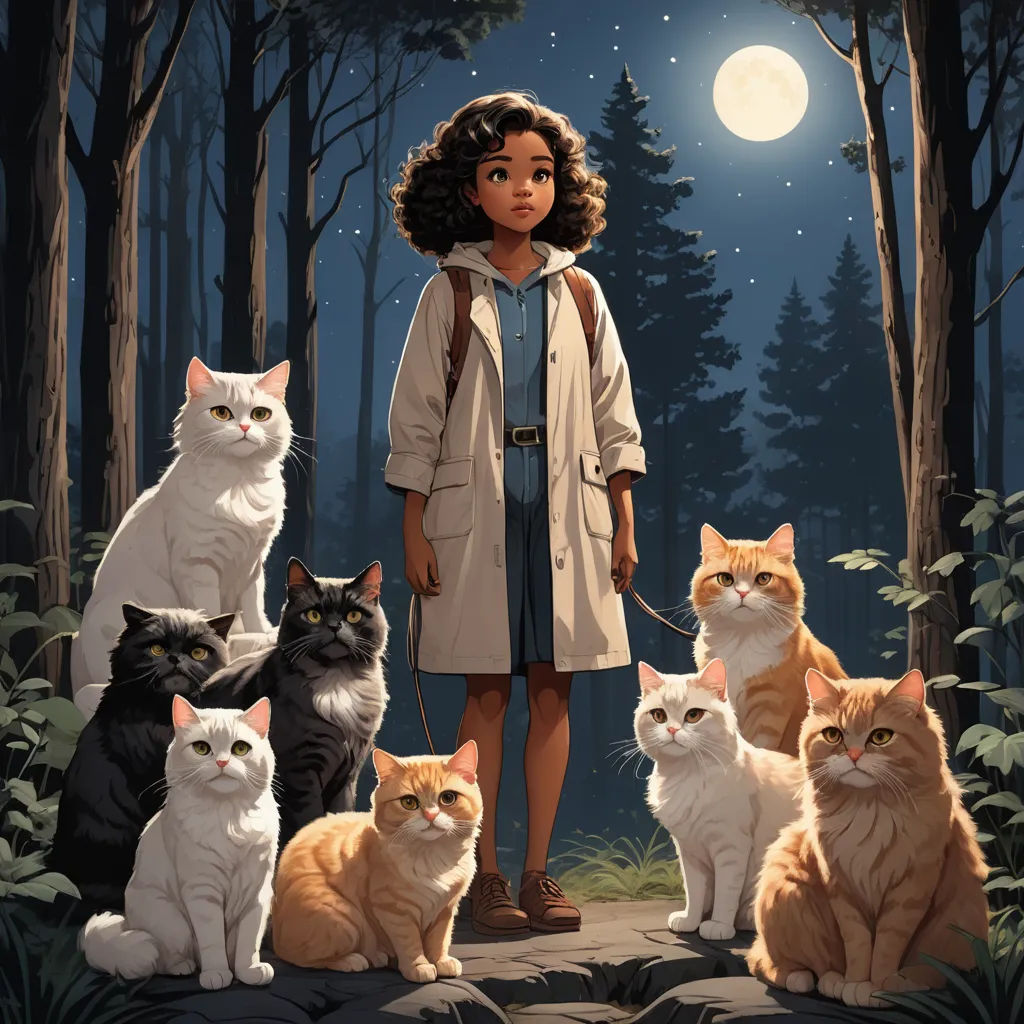 a painting of a girl standing in the woods with cats on a leash and a full moon in the background, furry art, a storybook illustration, Aaron Jasinski, key art