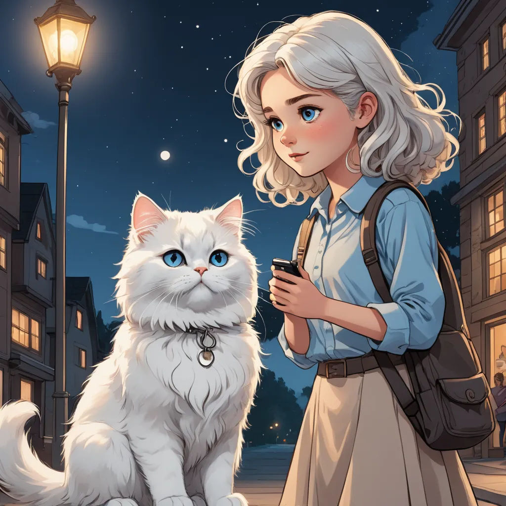a woman standing next to a white cat on a street at night with a street light in the background, fantasy art, a storybook illustration, Cliff Childs, official art