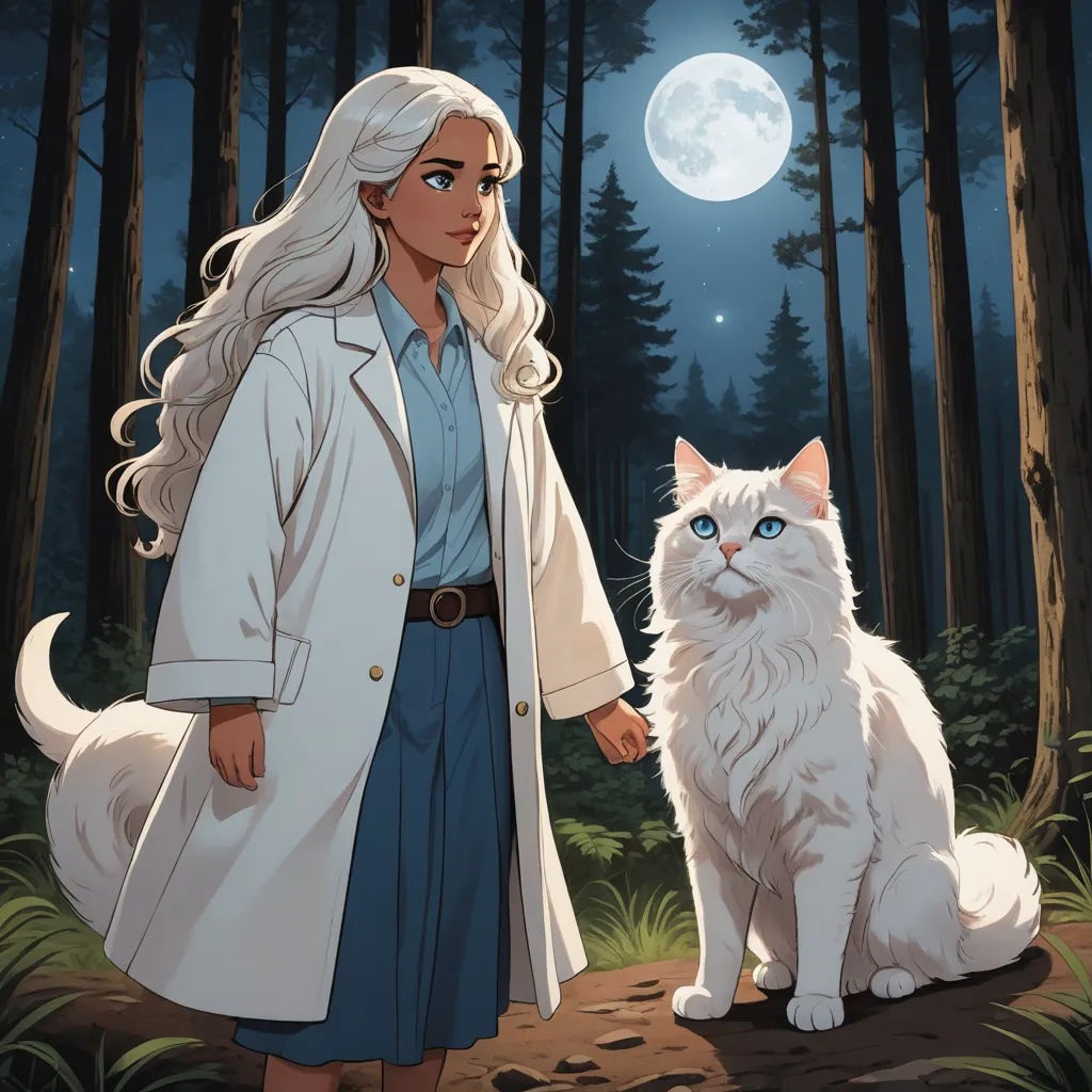 a woman in a white coat standing next to a white cat in a forest at night with a full moon, furry art, a storybook illustration, Charlie Bowater, official art