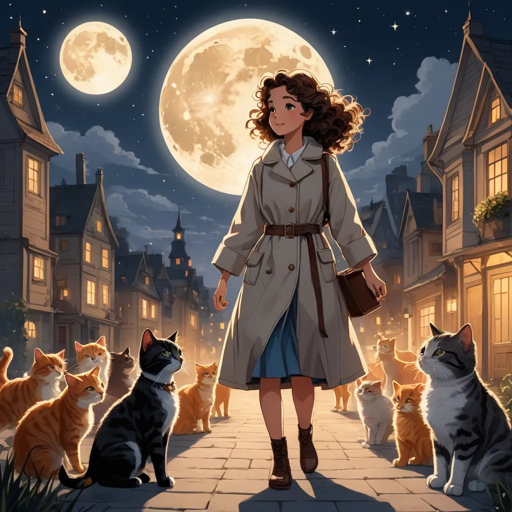 a woman in a trench coat is walking with cats in front of a full moon sky and buildings on a cobblestone street, magical realism, a storybook illustration, Cyril Rolando, official art