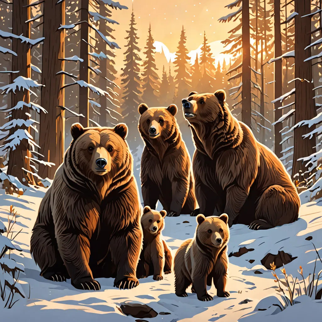 a painting of a family of bears in the snow with pine trees in the background and a sunset in the distance, furry art, poster art, Dan Mumford, official art
