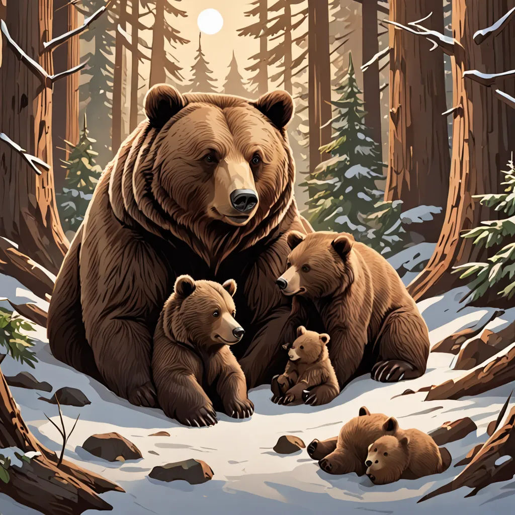 a painting of a bear with two cubs in the snow in a forest with trees and rocks, with the sun shining through the trees, furry art, a storybook illustration, Dan Mumford, official art