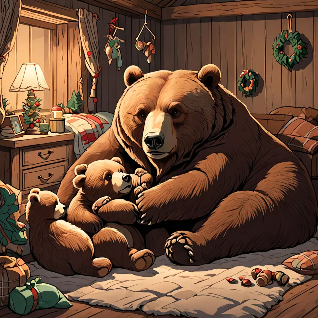 a large bear and two smaller bears are in a room with christmas decorations and a christmas tree on the wall, furry art, a storybook illustration, Chris LaBrooy, storybook illustration