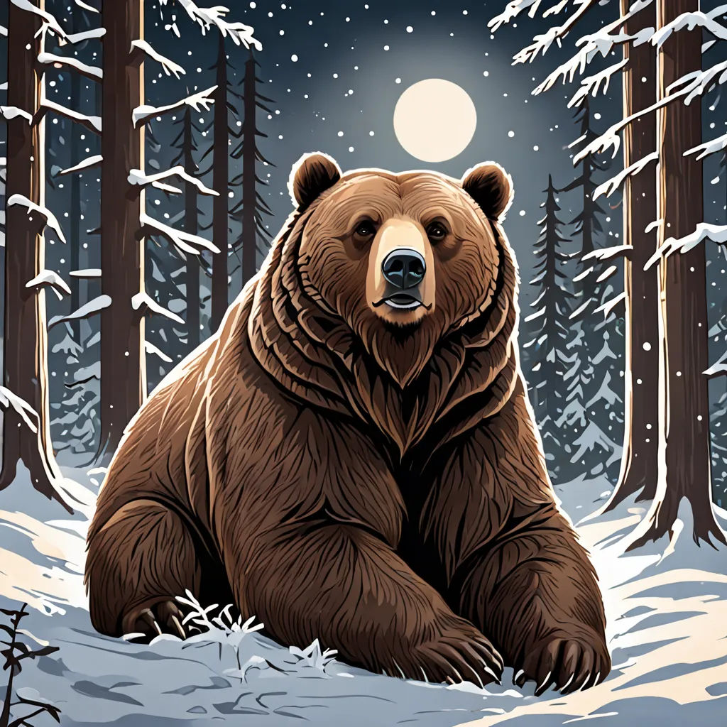 a bear sitting in the snow in front of a forest with a full moon in the background and snow covered trees, furry art, vector art, Dan Mumford, josan gonzales and dan mumford