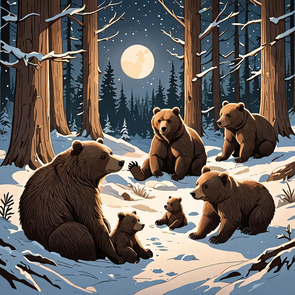 a group of bears sitting in the snow in a forest at night with a full moon in the background, furry art, a storybook illustration, Dan Mumford, josan gonzales and dan mumford