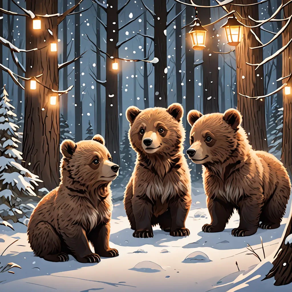 three bears are sitting in the snow in a forest with lights on the trees and snow covered ground and snow covered ground, furry art, a storybook illustration, Dan Mumford, josan gonzales and dan mumford
