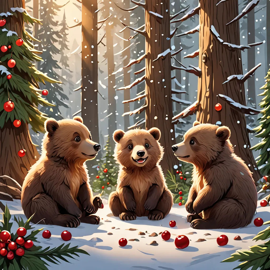 three bears sitting in the snow in a forest with christmas decorations and berries on the ground and trees in the background, furry art, a storybook illustration, Chris LaBrooy, trending on art station