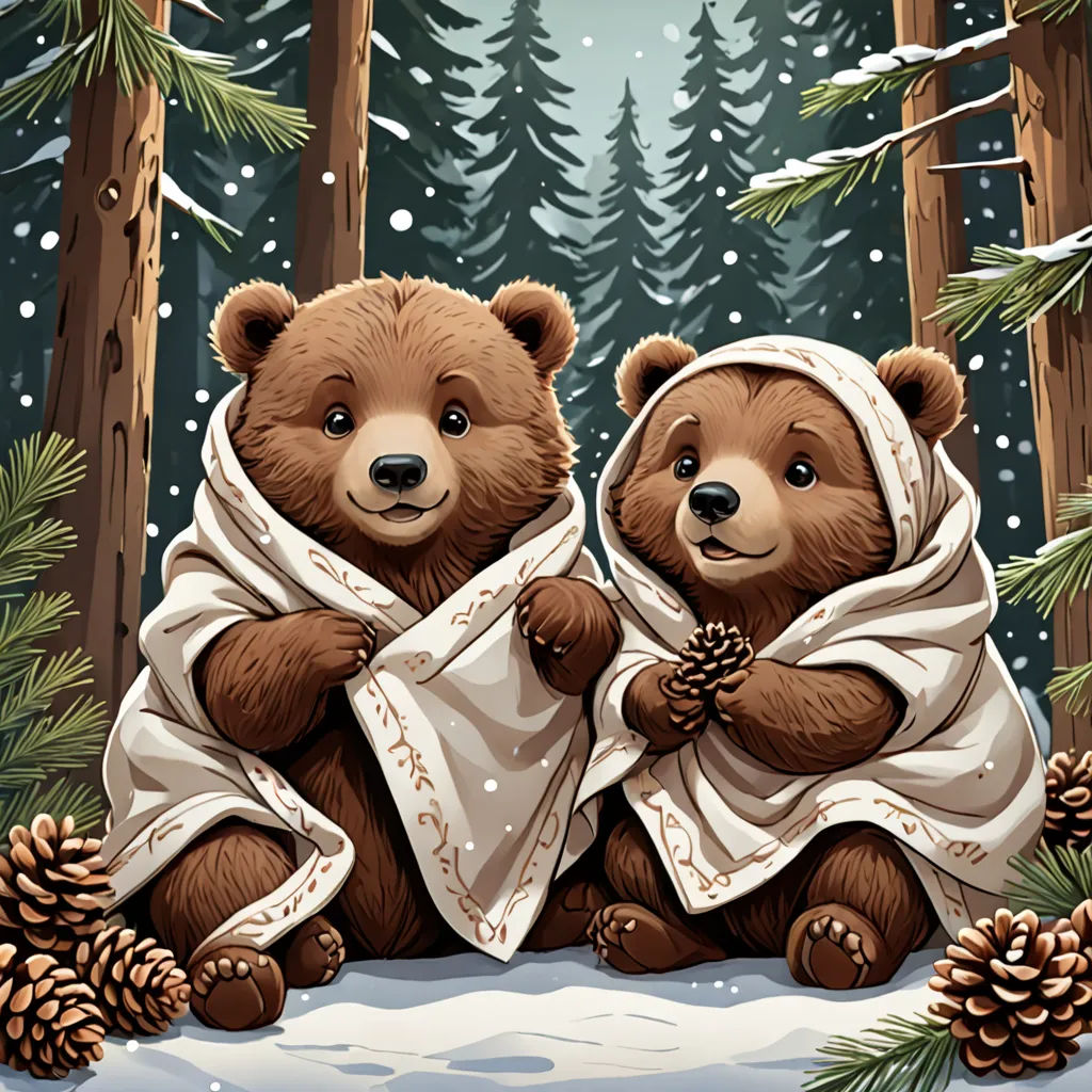 two brown bears sitting in the snow with a blanket on their backs and pine cones on their feet,, furry art, a storybook illustration, Dan Mumford, trending on art station