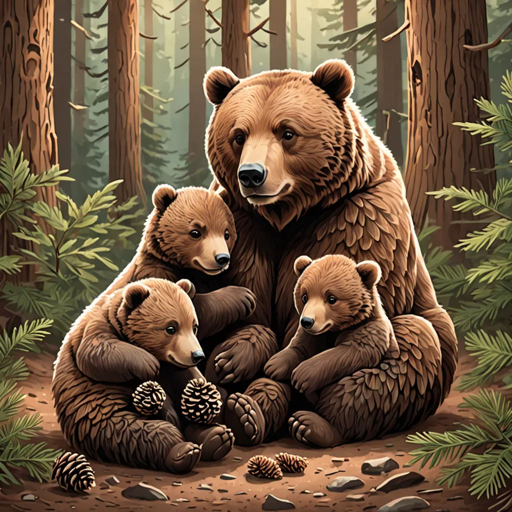 a bear family sitting in the woods with pine cones on their feet and pine cones on their feet, with pine cones on their feet, furry art, a storybook illustration, Dan Mumford, highly detailed digital painting
