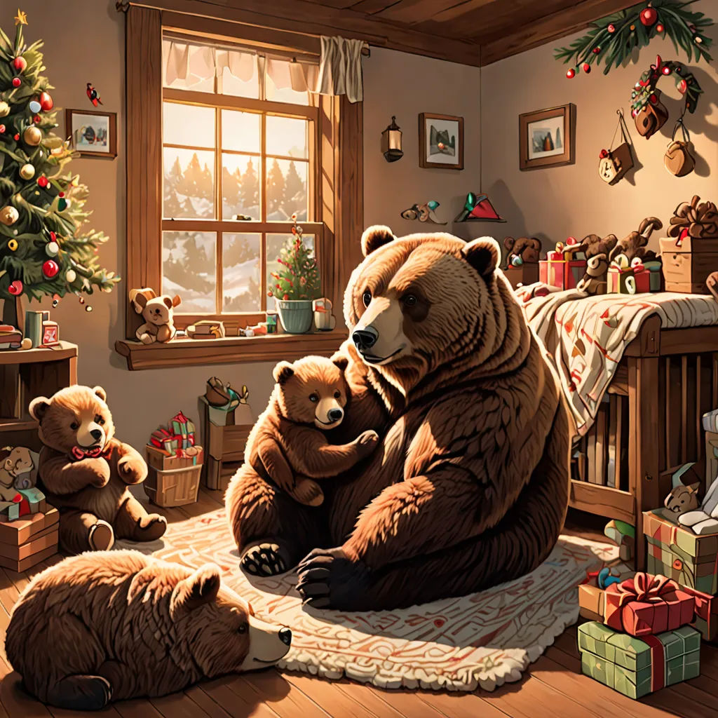 a bear family sitting in a room with christmas decorations and a christmas tree in the corner of the room, furry art, a storybook illustration, Chris LaBrooy, storybook illustration