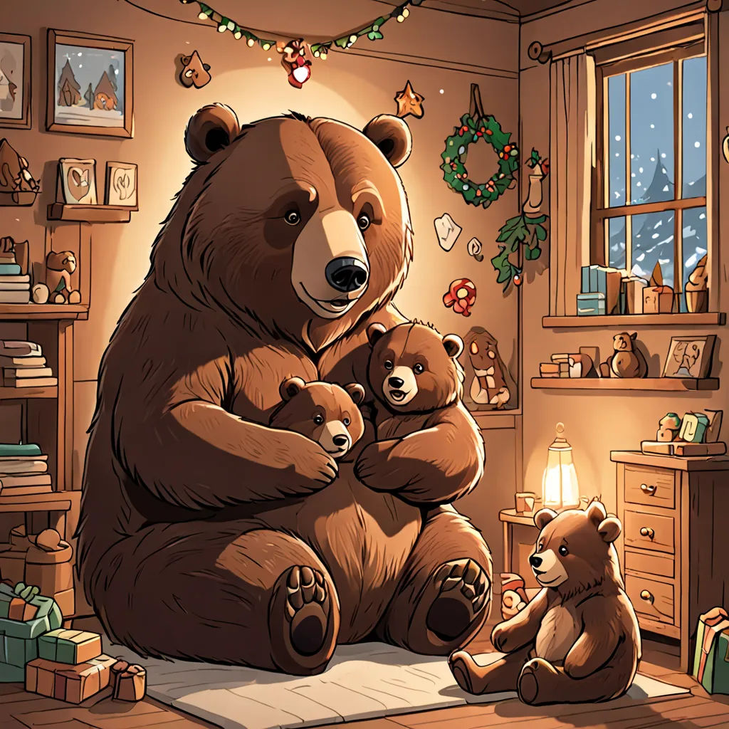 a large bear sitting on a rug with two smaller bears in a room with christmas decorations and a christmas tree, furry art, a storybook illustration, Chris LaBrooy, storybook illustration