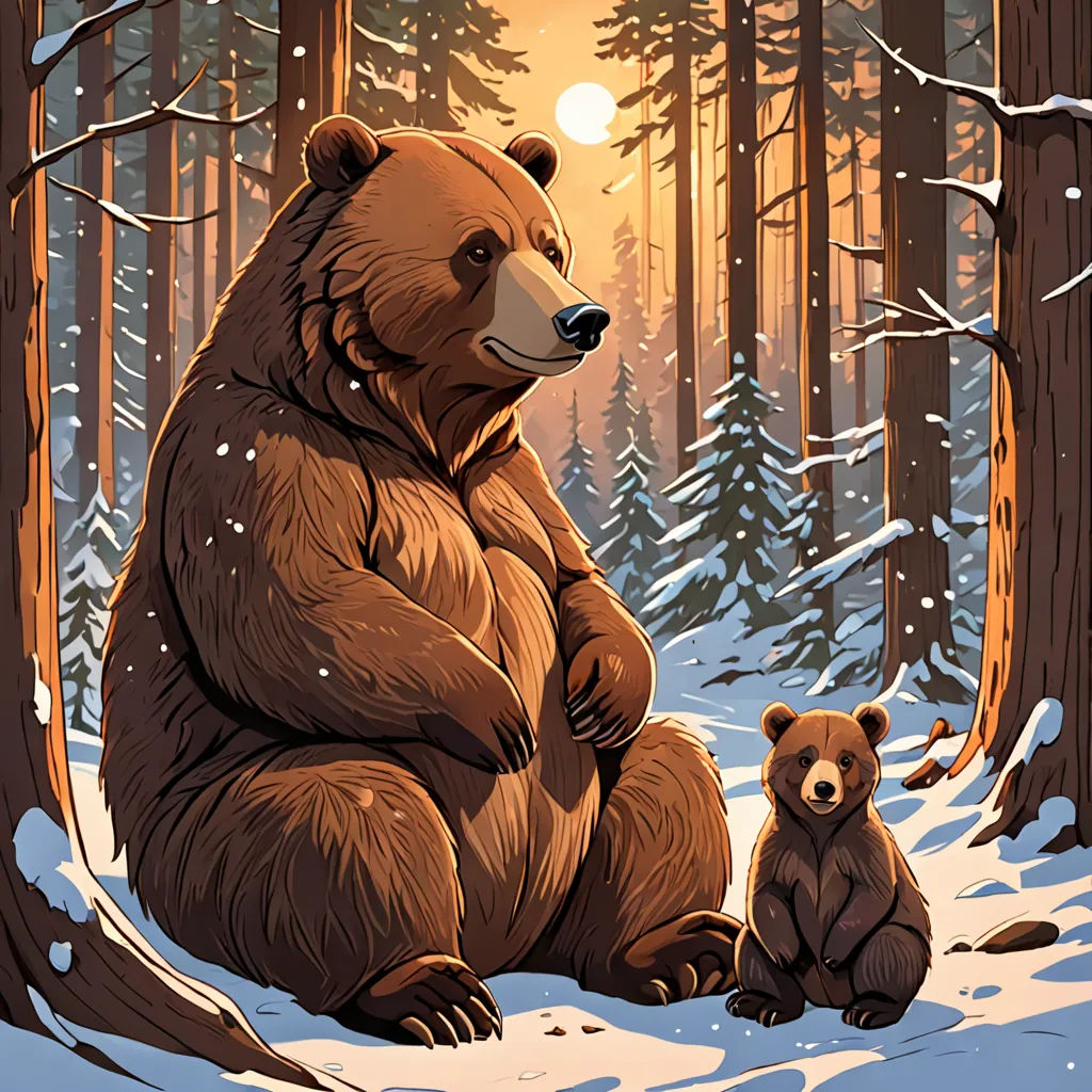 a bear and a cub sitting in the snow in a forest at sunset with the sun shining through the trees, furry art, a storybook illustration, Dan Mumford, josan gonzales and dan mumford