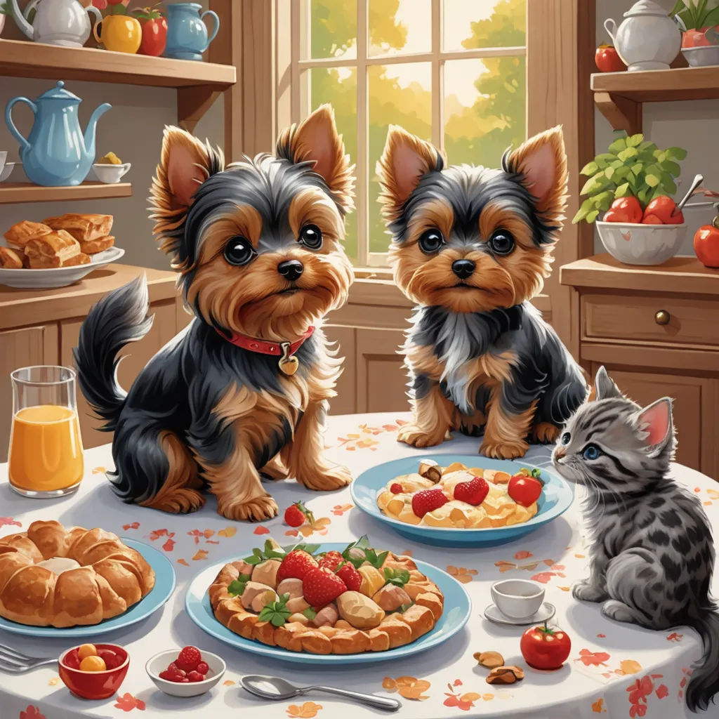a painting of two dogs and a cat at a table with food and drinks on it, and a cat looking at the camera, furry art, a storybook illustration, Brothers Hildebrandt, highly detailed digital painting