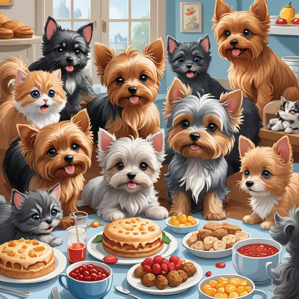 a group of dogs sitting around a table with food and drinks on it, and a cake on the table, furry art, a detailed painting, David Teniers III, highly detailed digital painting