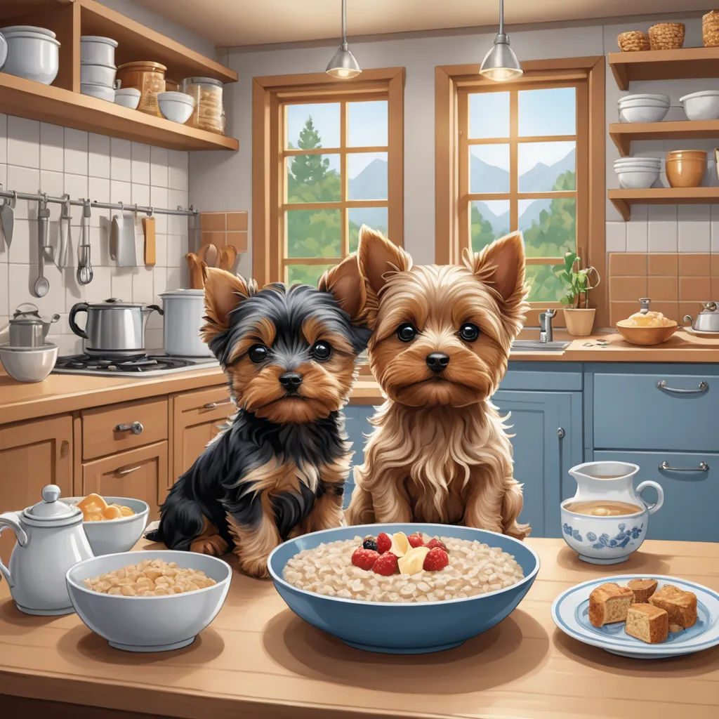 a painting of two dogs sitting at a table with food and coffee cups on it, and a bowl of cereal, furry art, a storybook illustration, Chris LaBrooy, highly detailed digital painting