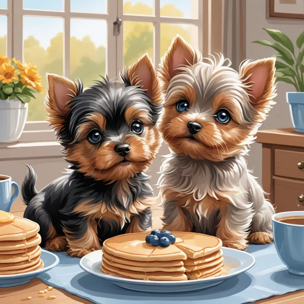 two small dogs are sitting on a table with pancakes and a cup of coffee in front of them,, furry art, a storybook illustration, Anne Stokes, highly detailed digital painting