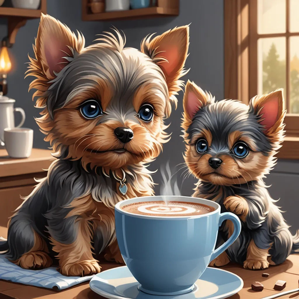 a painting of two dogs sitting next to a cup of coffee on a table with a plate of food, furry art, a storybook illustration, Anne Stokes, highly detailed digital painting