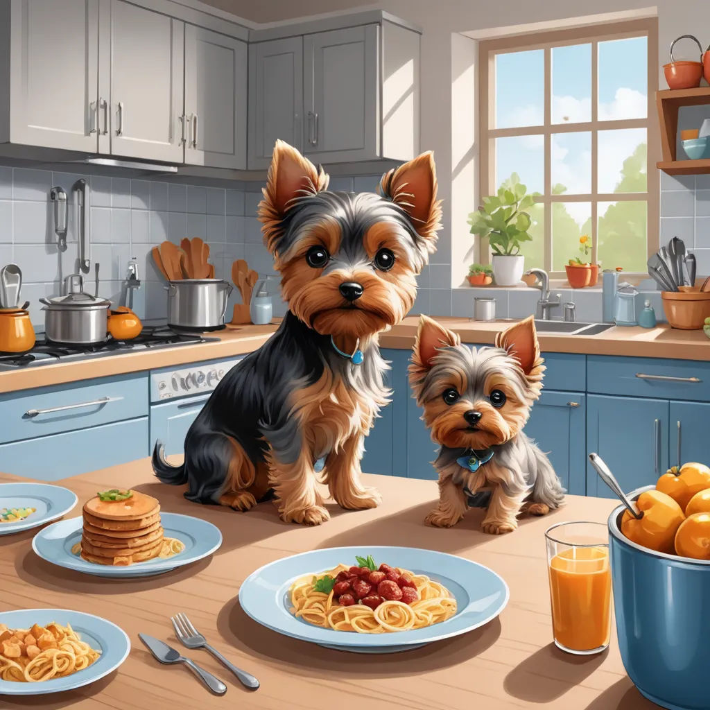 a painting of two dogs sitting at a kitchen table with food and drinks on it, and a bowl of oranges, american scene painting, a storybook illustration, Chris LaBrooy, highly detailed digital painting