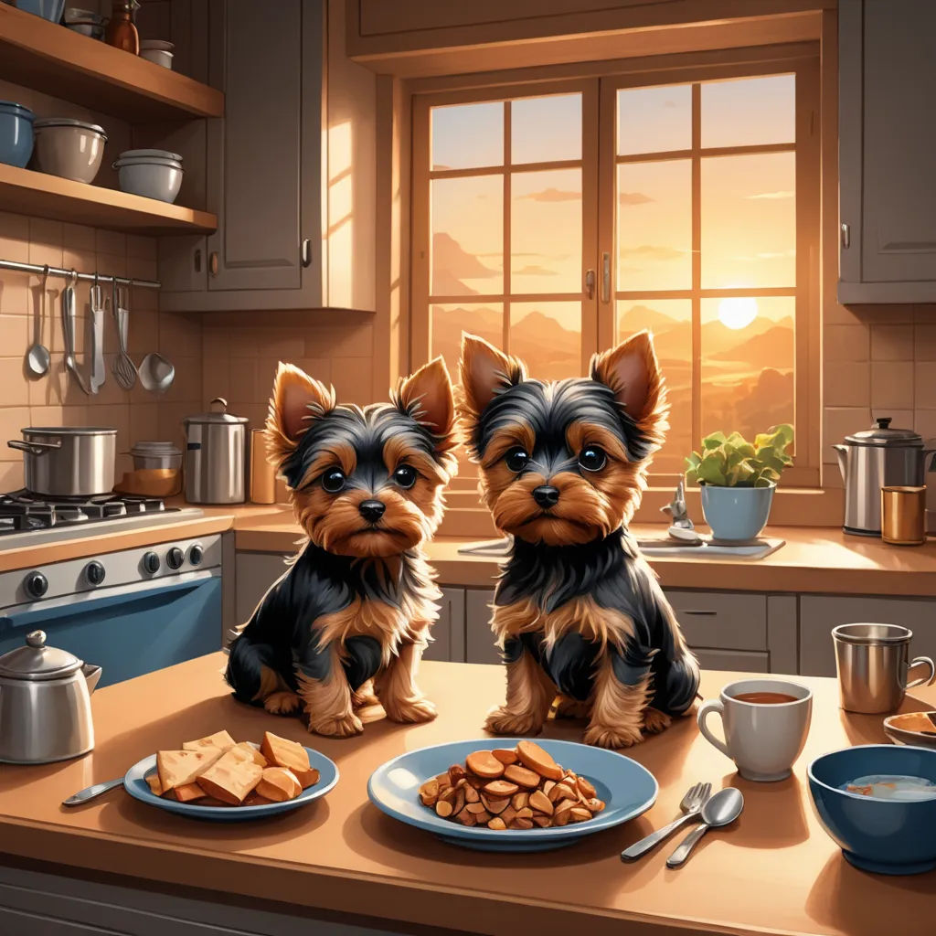 a couple of dogs sitting on top of a kitchen counter next to a plate of food and a cup, magic realism, a storybook illustration, Brothers Hildebrandt, highly detailed digital painting