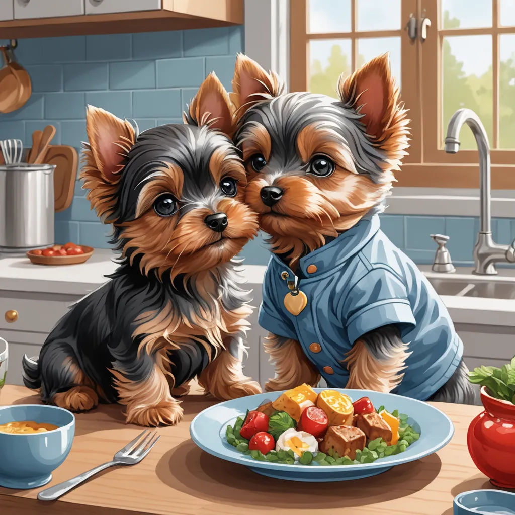 two dogs are sitting at a kitchen table with food and a cup of coffee in front of them,, lyco art, a storybook illustration, Chris LaBrooy, highly detailed digital painting
