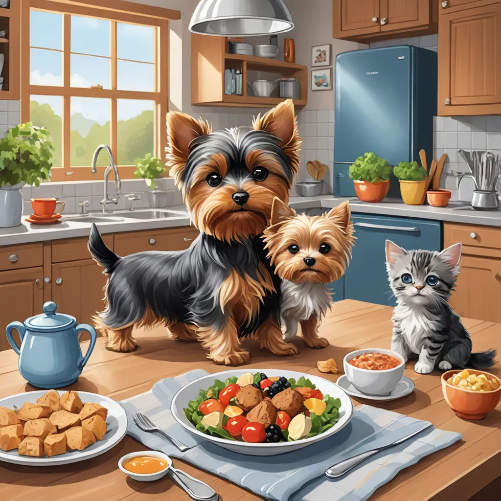 a painting of a dog and a cat sitting at a kitchen table with food and a teapot on the table, naive art, a storybook illustration, Chris LaBrooy, highly detailed digital painting