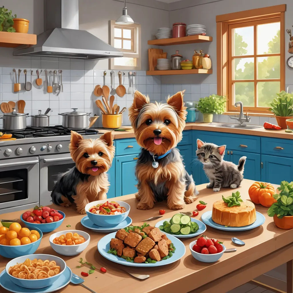 a painting of a dog and a cat sitting at a kitchen table with food on it and a cat looking at the camera, naive art, a storybook illustration, Chris LaBrooy, highly detailed digital painting