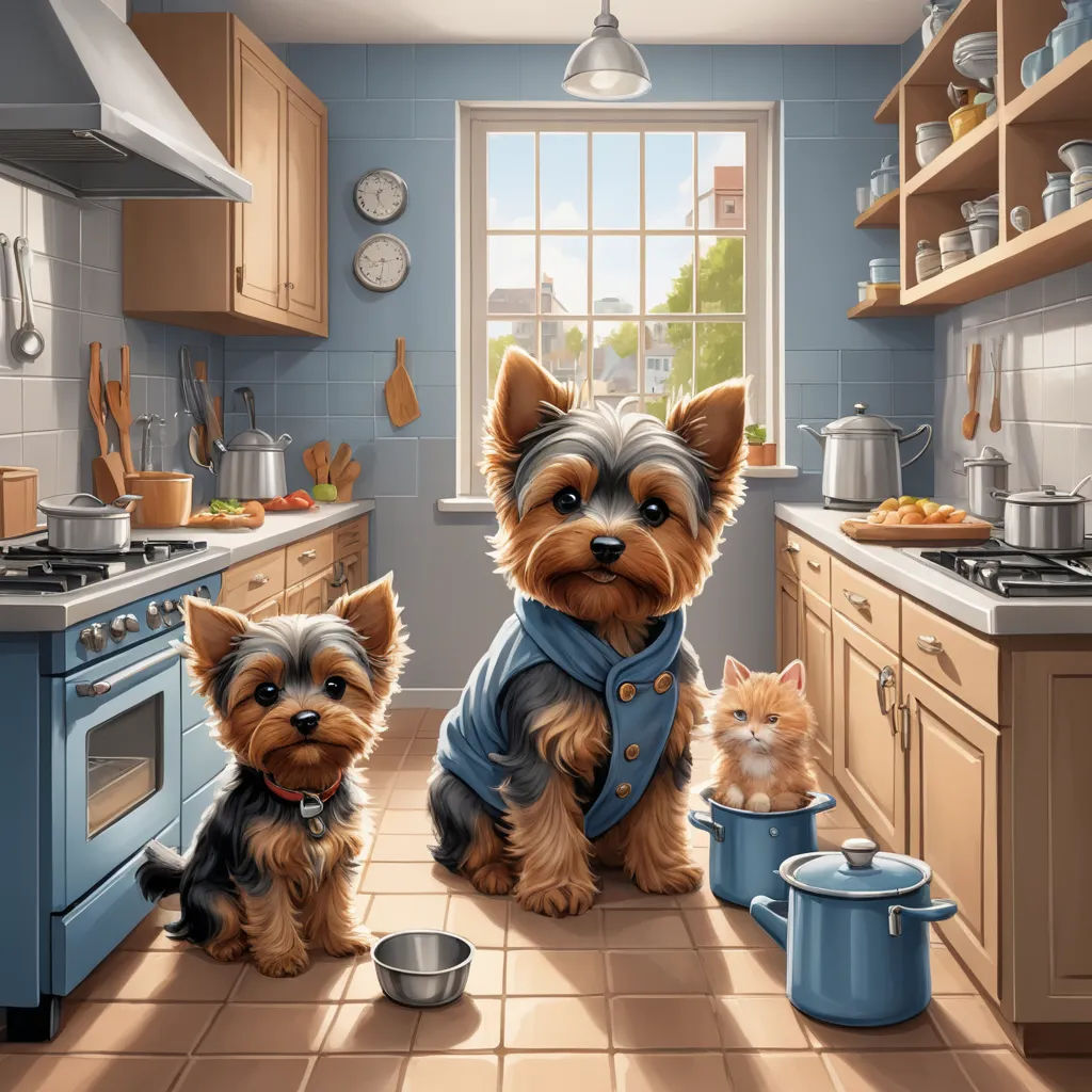 a painting of two dogs and a cat in a kitchen with a blue stove and a blue oven and a blue refrigerator, photorealism, a storybook illustration, Chris LaBrooy, highly detailed digital painting