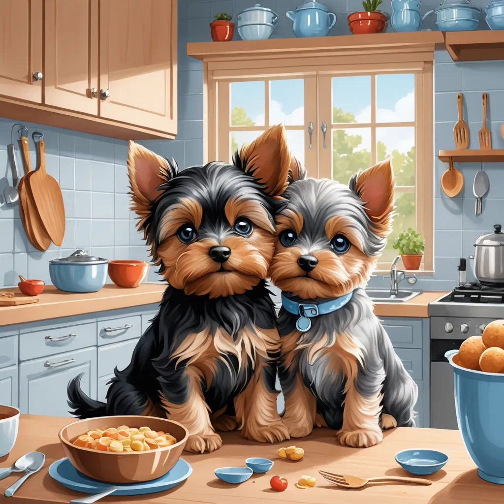 a painting of two dogs sitting on a kitchen counter with a bowl of food and a bowl of fruit, photorealism, a digital rendering, Chris LaBrooy, highly detailed digital painting