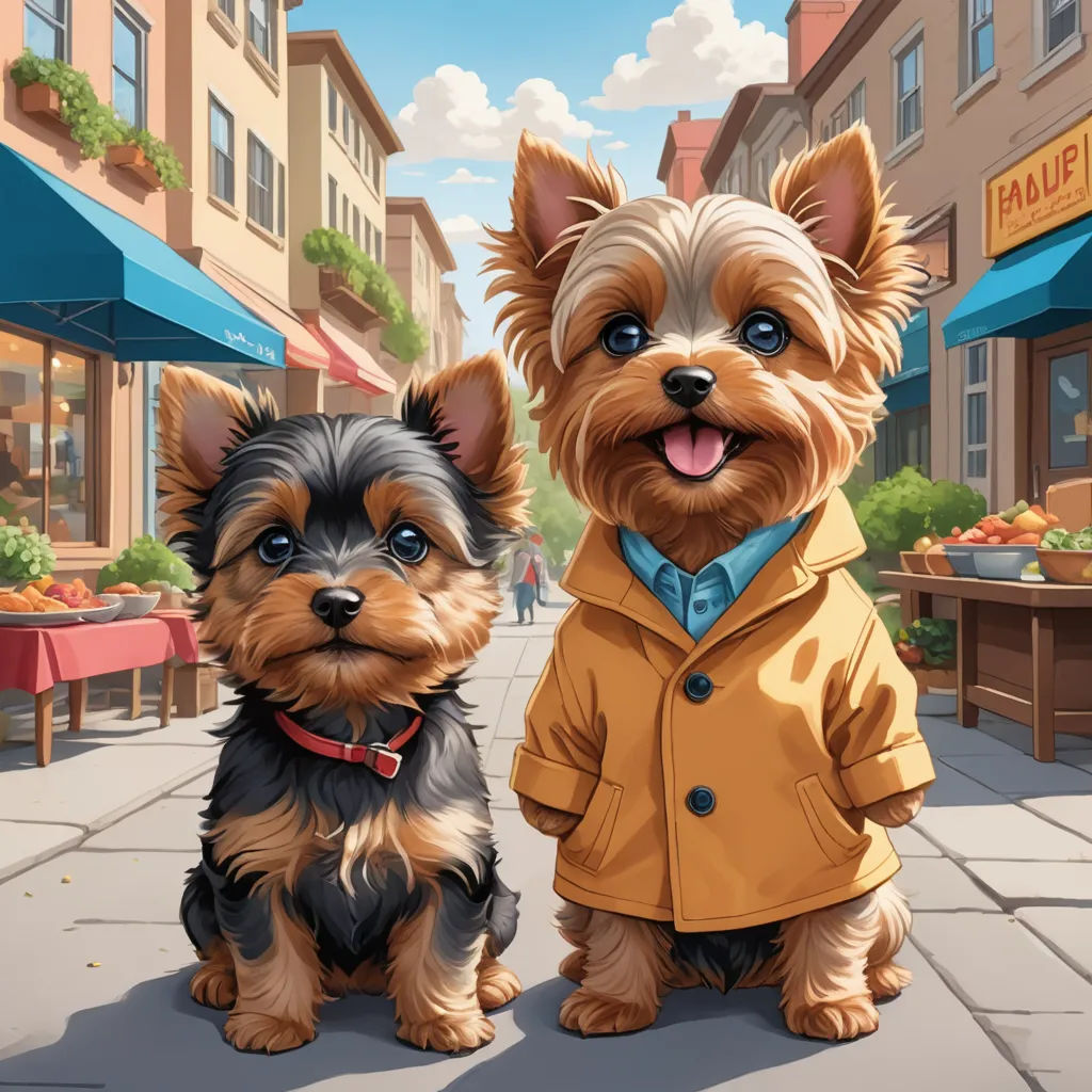 a couple of dogs that are standing in the street together with a building in the background and a blue awning, american scene painting, a storybook illustration, Chris LaBrooy, key art