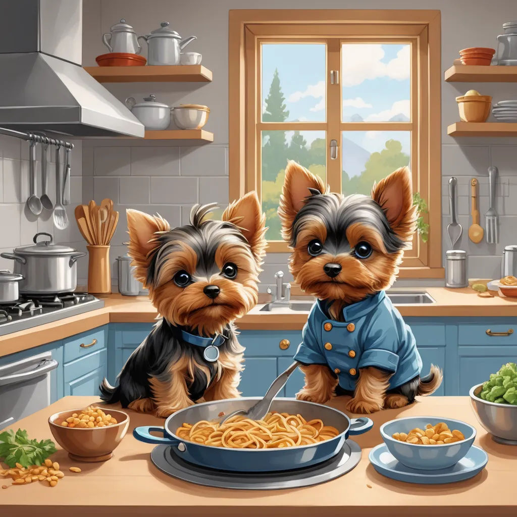 two dogs are sitting in a kitchen with pasta and vegetables in bowls and bowls on the counter top, and a window is open, lyco art, a storybook illustration, Art Brenner, highly detailed digital painting