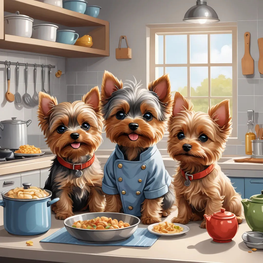 two dogs are sitting on a kitchen counter with food in front of them and a bowl of cereal in front of them, furry art, a storybook illustration, Chris Rallis, highly detailed digital painting