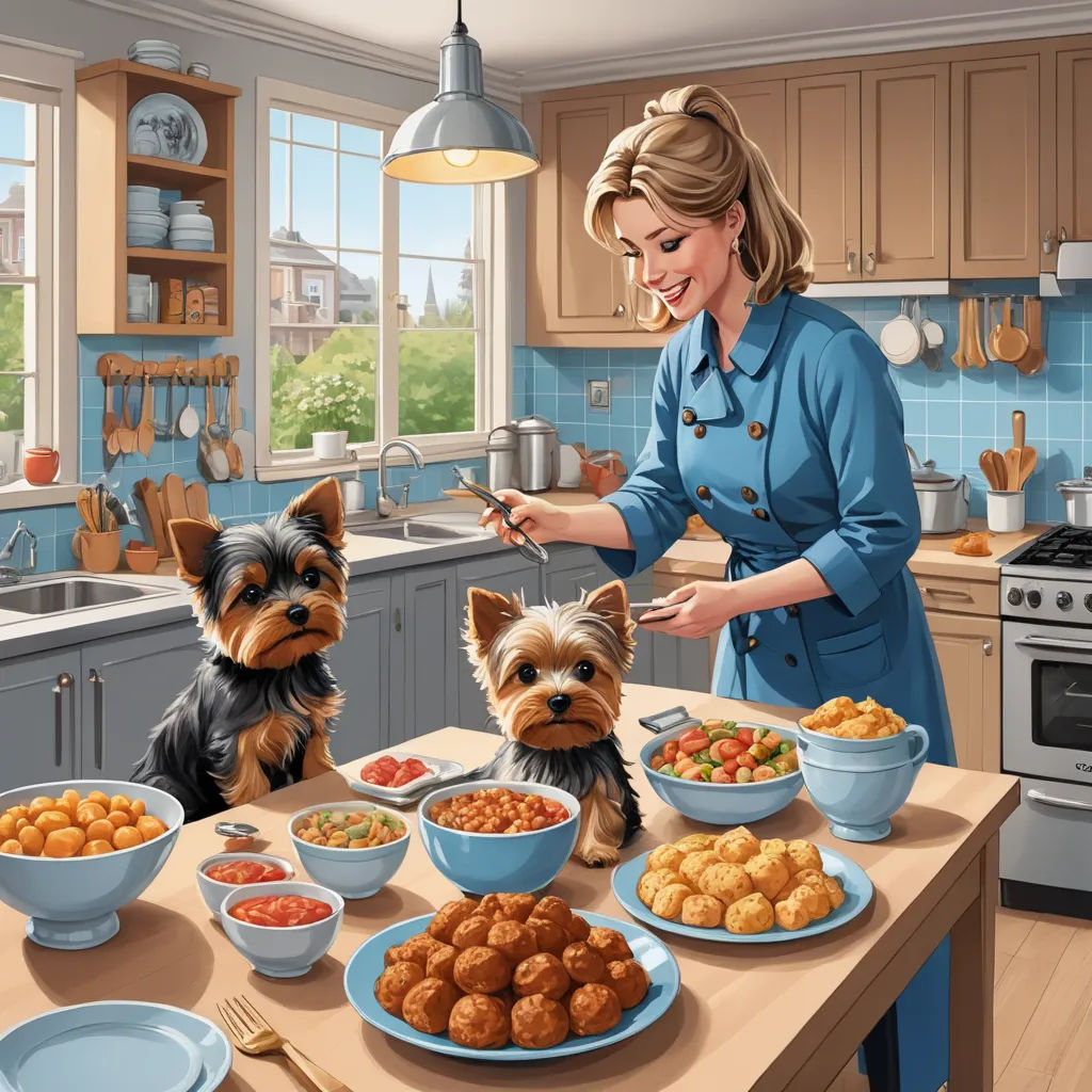 a woman standing in a kitchen with two dogs near a table full of food and a bowl of fried food, american impressionism, a storybook illustration, Chris LaBrooy, highly detailed digital painting